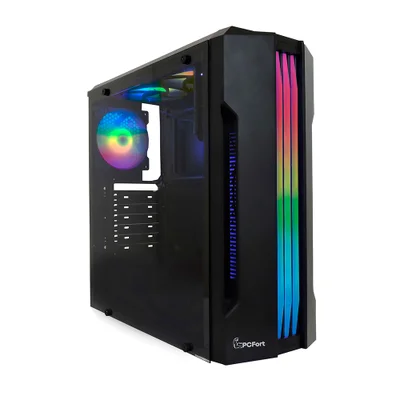 Gabinete Gamer Pcfort Lines, Mid Tower, RGB, ATX, Lateral De Vidro, C/ 3 Fans, Preto