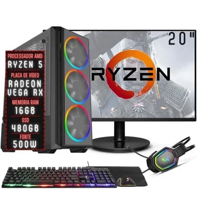 PC Gamer Completo 3green Force Amd Ryzen 5 16gb Ddr4 Placa De Vídeo Radeon Rx SSD 480GB Monitor 20" 75hz Fonte 500w 3gfo-032